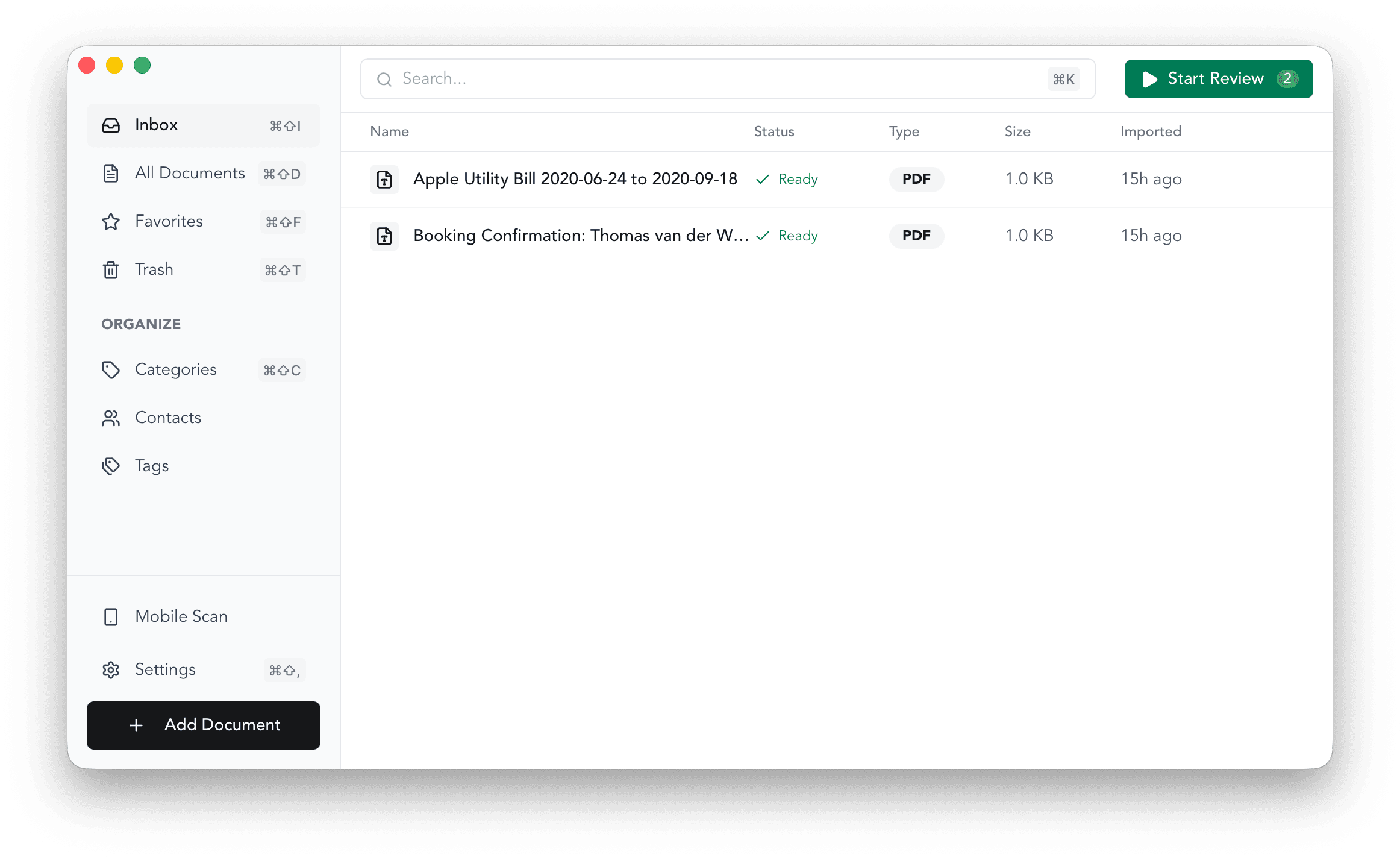 Binder app — Inbox view with documents organized and ready for review